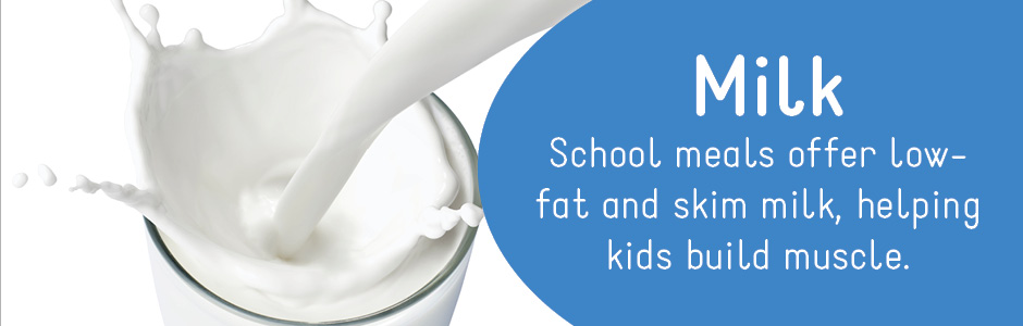 Milk: School meals offer low-fat and skim milk, helping kids build muscle.