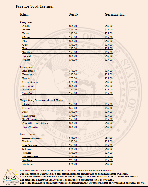 Click for PDF of Fees for Seed Testing